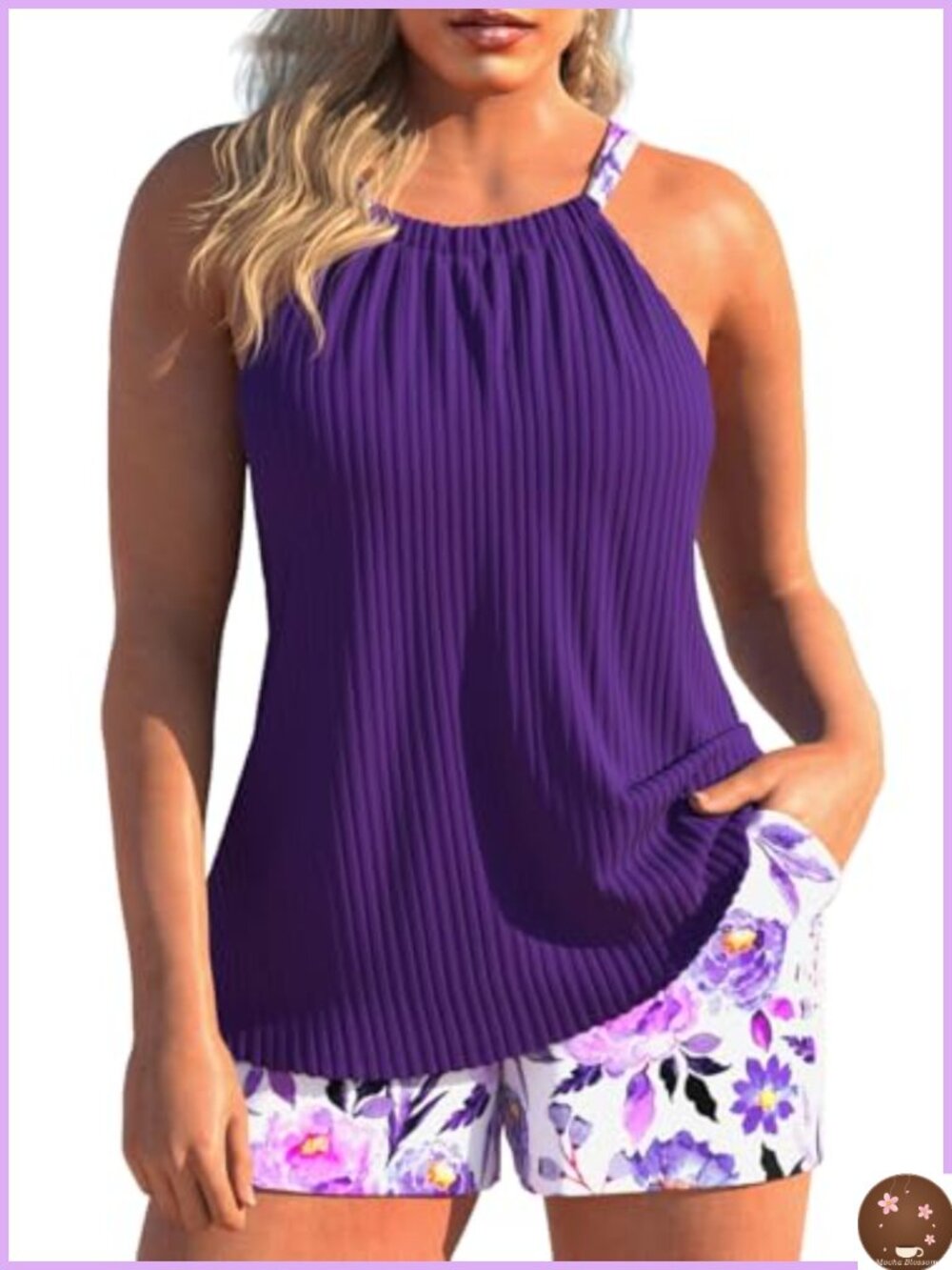 Ruched Tankini Set with Board Shorts High Stretch Sleeveless Swimwear